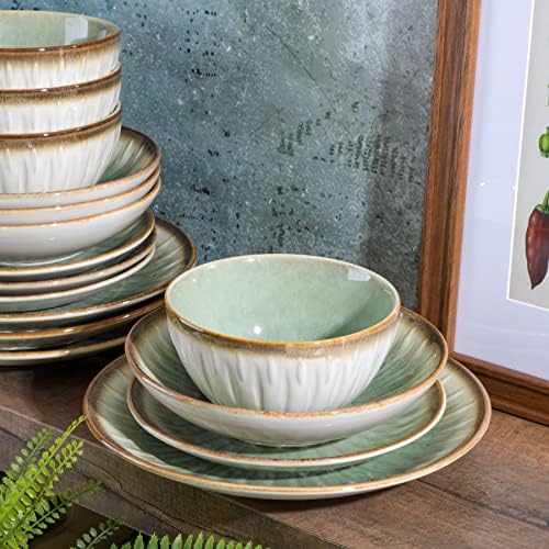 Gibson Elite Mayfair Bay 16-Piece Embossed Double Bowl Dinnerware Set, Service for 4 – Green Stoneware Plates and Bowls - Image 6