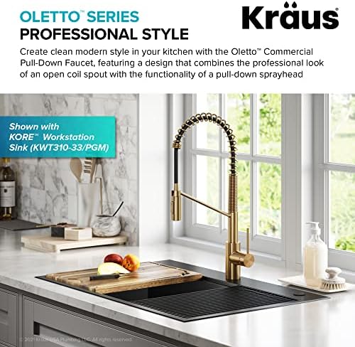 KRAUS Oletto Commercial Style Single Handle Pull Down Kitchen Faucet with QuickDock Top Mount Installation Assembly in Brushed Brass, KPF-2631BB - Image 4