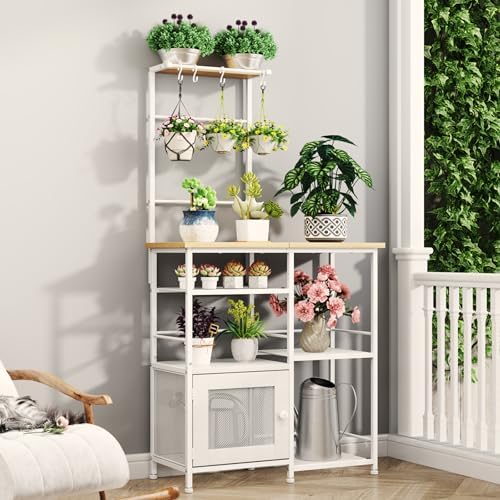 SWTYMIKI Bakers Rack with Storage - Coffee Bar Cabinet Organizer with 8 Hooks, Shelves & Cabinet Door, Coffee Station for Kitchen Dining Room, Microwave Stand with Adjustable Feet, White - Image 5