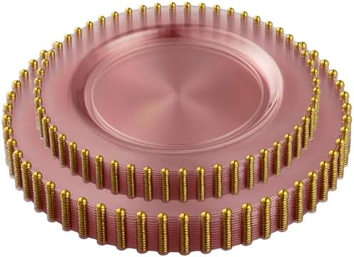 PLASTICPRO 32 Piece Combo Plastic Dinner Plates Disposable Plastic Fancy Heavy Duty Party Dishes 7 inch and 10 inch, Translucent Rose and Gold Beaded - Image 6
