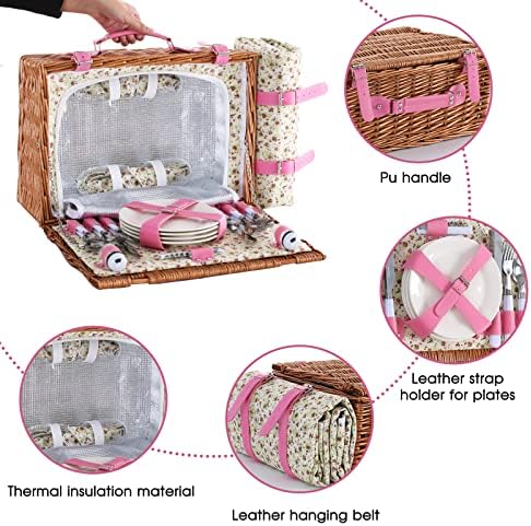 Picnic Basket for 4 with Waterproof Blanket, Pink Flower - Image 5