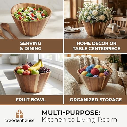 Extra Large Wooden Salad Bowl, Acacia 12" Multi-Purpose Serving Fruit Bowl - Image 2