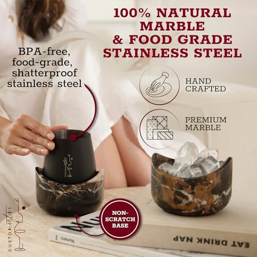 Gusto Nostro Marble Wine Chiller for Glass and Stainless Steel Tumbler Set of 2 - Wine Glass Chiller Holder for Freezer - Cool Set of Two Chillers & Stemless Wine Metal Tumblers for Home, Bar (Black) - Image 5