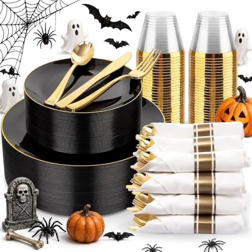 KIRE 175Pcs Black Plates Disposable - Heavy Duty Black and Gold Plastic Plates- 25 for Dinner 25 for Dessert 25 Pre Rolled Gold Silverware and 25 Cups for Party/Wedding/New Year/Halloween by KIRE