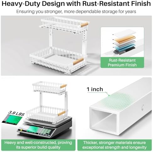 Kitstorack Under Sink Organizer, 2 Tier Under the Sink Storage, Slide out Pull out Cabinet Organizer Shelf, Metal Sliding Drawer for Kitchen Bathroom Pantry Closet Organization Rack, White, 1 Pack - Image 5