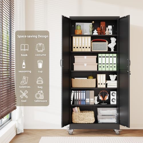 Metal Storage Cabinets with Wheels, Steel Tool Cabinets Lock Door and 5 Adjustable Shelves for Home Office, Garage, Kitchen (Black, 74.8" H) - Image 5