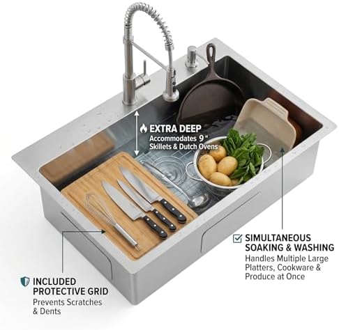 VAPSINT 28 Inch Drop in Kitchen Sink, 28x18 Inch Top Mount 16 Gauge Commercial T304 Stainless Steel Sink for Kitchen, 9 Inch Deep Handmade Single Bowl Basin Laundry Utility Wet Prep Sink, Fregadero - Image 5