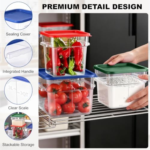 4Pack - 8QT Food Storage Containers with Lids & Handles, Polycarbonate Clear Airtight Food Container with Scale Marks for Bread Proofing, Flour, Commercial Grade, Restaurant & Kitchen, Square, Red - Image 3