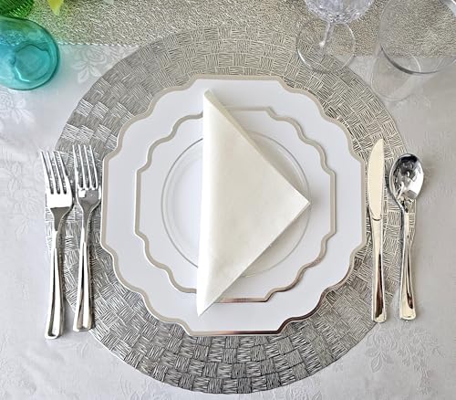 " OCCASIONS " 640 Piece set (80 Guests)-Heavyweight Wedding Party Disposable Plastic Plate Set - 80 x 10.5'' + 80 x 8'' + Silverware + 12oz Cups + Napkins (Imperial in White & Silver Rim) - Image 5