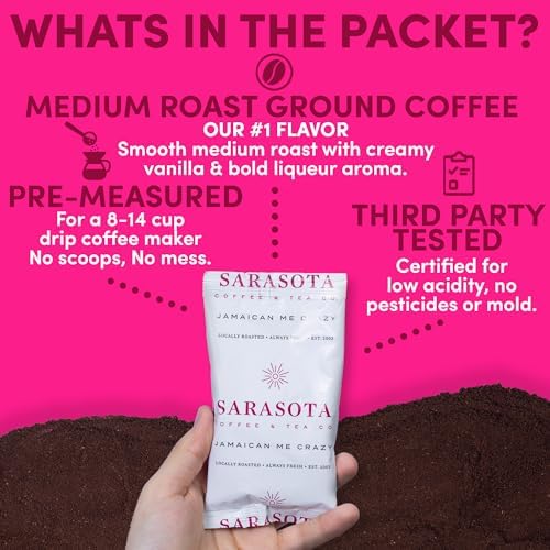 Coffee Packets – Gourmet Jamaican Me Crazy Flavored Medium Roast Ground Coffee, Low Acid Mold Free 2 oz Packs for 12 Cup Brewers, Pre-Measured Fractional Packs, 12 Count Box – Sarasota - Image 5