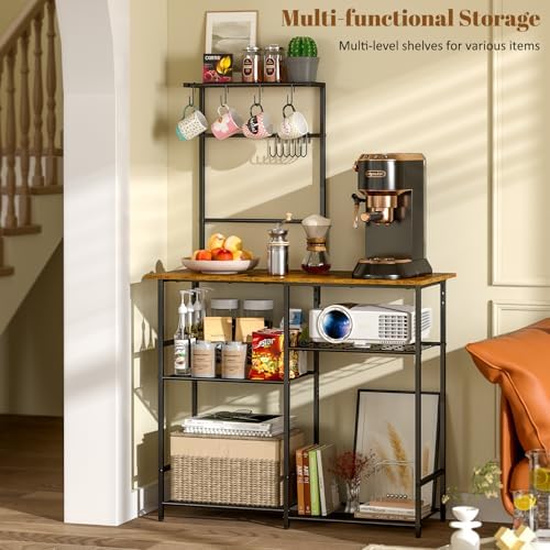3IngSeagulls Baker's Rack for Kitchen with Storage, Microwave Stand with Adjustable Shelves and 10 S Hooks, 6-Tier Coffee Bar Station, Kitchen Shelves for Spices, Pots, Rustic Brown - Image 3