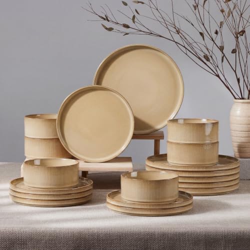 HaWare Dinnerware Sets, Plates and Bowls Set for 6, Reactive Dune Khaki by HaWare