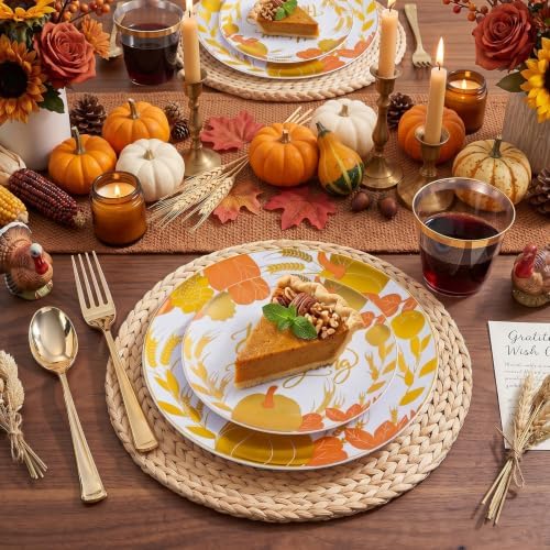 KIRE 150PCS Thanksgiving Plates Dinnerware Pumpkins - Plastic Thanksgiving Plates with Gold Silverware Include 25 for Dinner 25 for Salad 25Forks 25Knives 25Spoons 25Gold Cups - Image 3