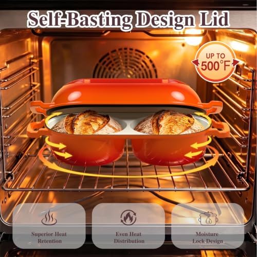 Umite Chef Complete Mini Double Dutch Oven Kit for Sourdough Bread – Enameled Cast Iron Bread Pan with Deep Dual Loaf Pots, Includes 5" Banneton Basket & Cotton Potholders, 500°F Oven Safe (Orange) - Image 7