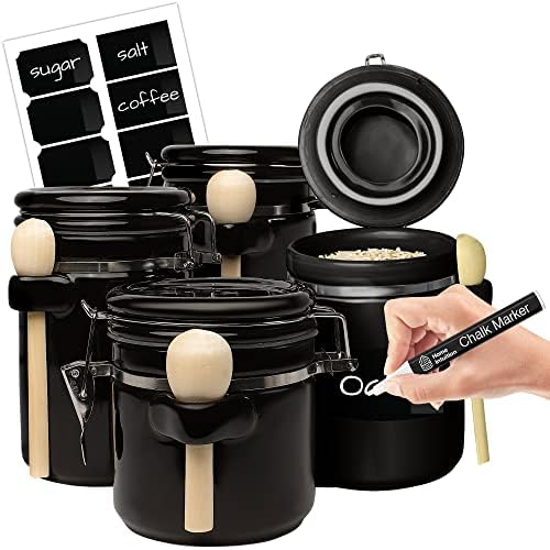 Home Intuition 4-Piece Ceramic Kitchen Canisters Set, Airtight Containers with Wooden Spoons Reusable Chalk Labels and Marker for Sugar, Coffee, Flour, Tea (Black) by HomeIntuition