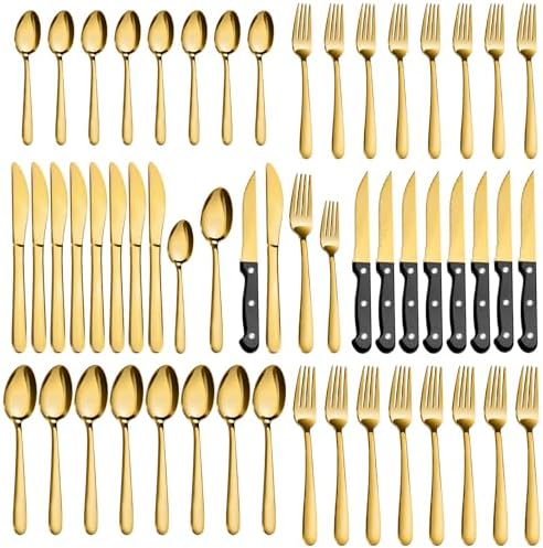 Pleafind 48-Pieces Gold Silverware Sets for 8, Stainless Steel Cutlery Set with Steak Knives, Flatware Set, Include Forks Spoons and Knives Set, Dishwasher Safe Utensil Sets for Home Restaurant by Pleafind