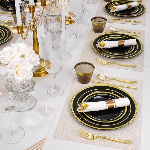 realluck 350 PCS Black Plastic Dinnerware Set for 50 Guests, 100 Disposable Plates for Party, 50 Pre Rolled Napkins with Gold Silverware, 50 Cups for Graduation - Image 5