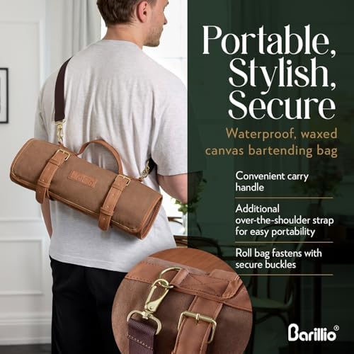Barillio Bartender Kit Bag with Black Cocktail Shaker Set - Waxed Canvas, Traveling Bar Tools Bag with 17-Pc Cocktail Kit - Travel Mixology Bartending Kits - Mobile Bar Roll with Strap & Accessories - Image 5