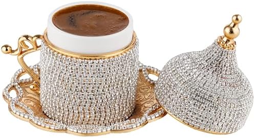 DEMMEX Turkish Greek Arabic Coffee Making and Serving Full Set with Cups Saucers Lids Sugar Bowl Tray and Copper Coffee Pot, Hand Decorated with Gold Crystals, 12 Pcs (Crystals) - Image 7