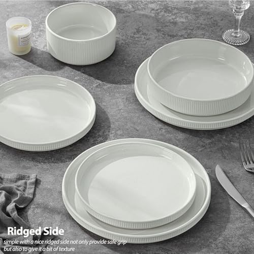 LIANYU 24 Piece Dinnerware Sets with Double Bowls, Ceramic Plates and Bowls Set for 4, Ribbed Stoneware Dishes for Home Kitchen, Microwave and Dishwasher Safe, Speckled White - Image 5
