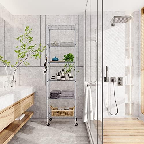 Homdox 6-Tier Storage Shelf Wire Shelving Unit Free Standing Rack Organization with Caster Wheels, Stainless Side Hooks, Silver Gray - Image 5
