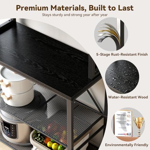 YASONIC Coffee Bar, Bakers Rack with Storage, 25.6 Inches Microwave Stand, 5 Tier Kitchen Shelves Appliance Storage, 12 S Hooks Large Coffee Station for Spices, Pots and Pans, Black - Image 6