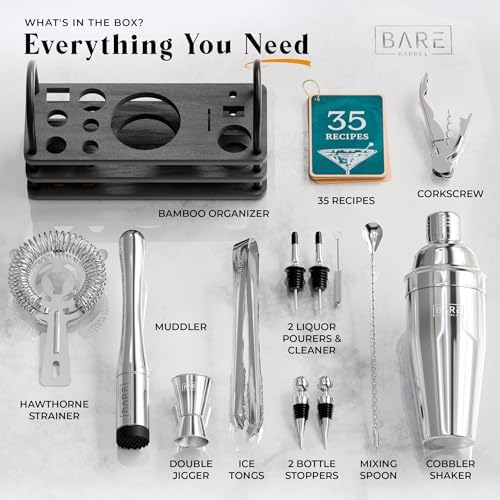 BARE BARREL® Mixology Bartender Kit Bar Set | 14-Piece Cocktail Shaker Set | Martini Barware Mixing Tools for Home Bartending | 35 Recipe Cards | Gift Set (24oz Cobbler Shaker, Silver/Black) - Image 4