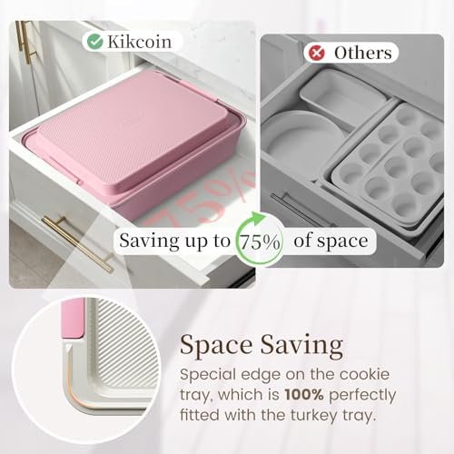Kikcoin 25-Piece Nonstick Baking Pans Set with Large Turkey Roasting Pan, Stackable Bakeware Set, 450°F Oven Safe Baking Sheet Set with Silicone Handles, Carbon Steel Cookie Sheets for Baking, Pink - Image 3
