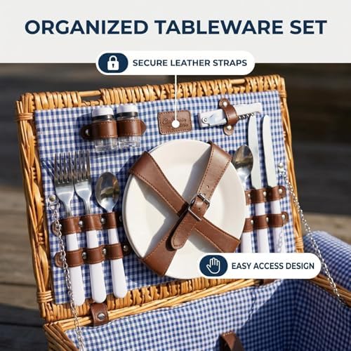 Multifunctional Wicker Picnic Basket Set for 4 Adults with Blue Blankets - Image 3