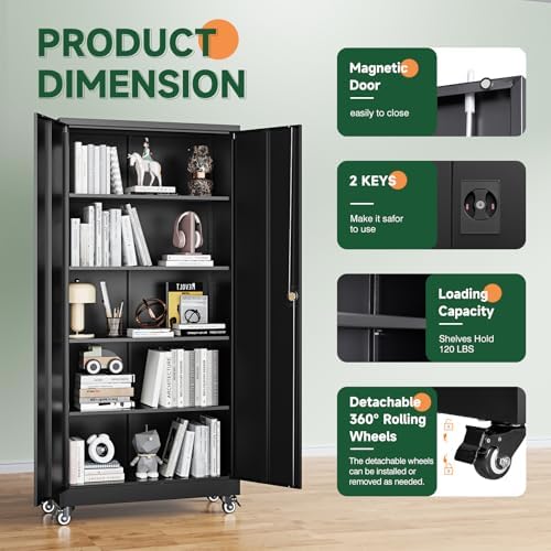 Letaya Metal Garage Storage Cabinets with Wheels,Steel Tool Cabinets Lock Door and Adjustable Shelves for Home,Office,Warehouse Organisieren (Black, 74.41" H) - Image 6