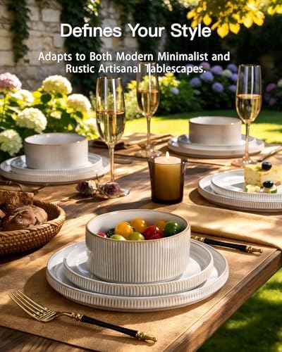 Dinnerware Set for 6, Ceramic Ribbed Plates, Bowls, Dishes - Image 2