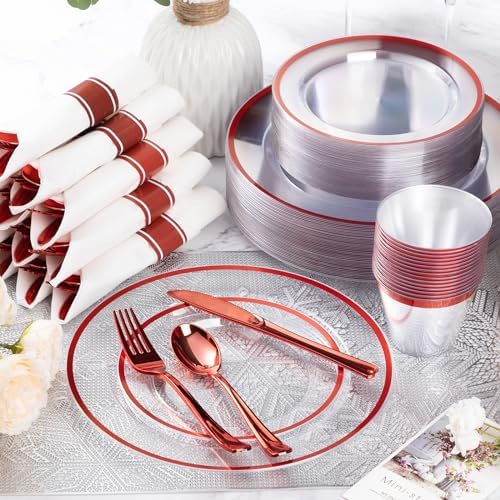 Goodluck 350 Pcs Clear Red Plastic Dinnerware Sets for Party for 50 Guests - Image 2