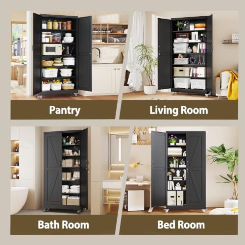 Metal Storage Cabinets with Wheels, Steel Tool Cabinets Lock Door and 5 Adjustable Shelves for Home Office, Garage, Kitchen (Black, 73.6" H) - Image 7