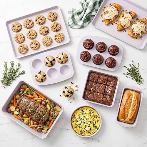 Larder & Vine 8-Piece Stackable Bakeware Set, Ceramic-Coated Nonstick Baking Pan Set, Non-Toxic, with Baking Sheets, Muffin Pan, Loaf Pan & Cake Pans, Lavender - Image 4