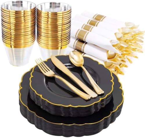 Morejoy 175PCS Black and Gold Plastic Plates, Black Plastic Dinnerware Set by Morejoy