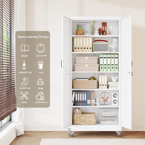 Metal Storage Cabinets with Wheels, Steel Tool Cabinets Lock Door and 5 Adjustable Shelves for Home Office, Garage, Kitchen (White, 74.8" H) - Image 5