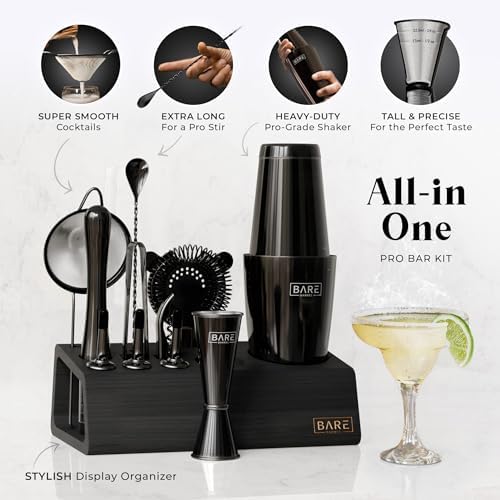 BARE BARREL® Mixology Bartender Kit Bar Set | 14-Piece Cocktail Shaker Set | Martini Barware Mixing Tools for Home Bartending | Incl. 35 Recipe Cards | Gift Set (28oz Boston Shaker, Jet Black/Black) - Image 2