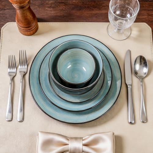 HomeVss, Stoneware Sonoma Dinnerware Set, Black + Speckled Spin Wash (56pc Set, Turquoise) - Image 4