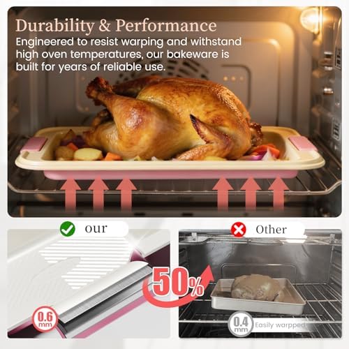 Kikcoin 25-Piece Nonstick Baking Pans Set with Large Turkey Roasting Pan, Stackable Bakeware Set, 450°F Oven Safe Baking Sheet Set with Silicone Handles, Carbon Steel Cookie Sheets for Baking, Pink - Image 5