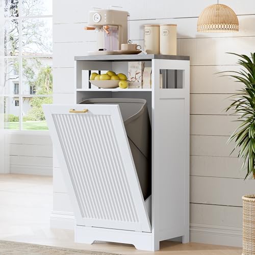 Pet-Proof Single 13 Gallon Tilt Out Trash Can Cabinet with Open Storage – Hide Garbage & Recycling Bins to Keep Your Kitchen Clean and Organized,White by JMHDYG