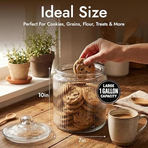 kitchentoolz 1 Gallon Ribbed Glass Cookie Jar - Large Food Storage Container with Airtight Lid - Keep Fresh Flour, Chewy Pet Treats, Candy, Dried Foods - Pack of 2 - Image 4