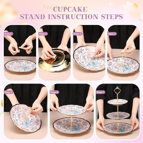 21 Pcs Porcelain Tea Set with 3 Tier Dessert Stand, Purple, Delicate - Image 5