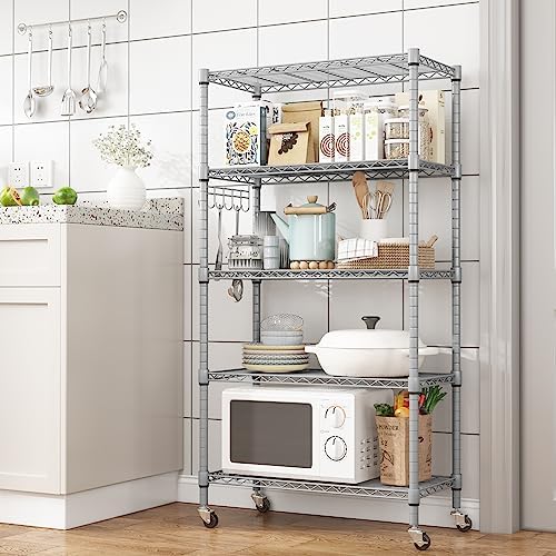 Homdox 5 Tier Adjustable Rolling Storage Shelves, Heavy Duty Wire Racks and Shelving, Metal Shelves for with Side Hooks Pantry Closet Kitchen Garage Organization, Silver Gray - Image 2