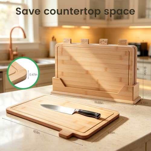 Labeled Bamboo Cutting Board Set with Storage Rack, 4-Piece Bamboo Chopping Boards for Meat, Fish, Bread & Vegetables, Kitchen Countertop Organizer with Holder, 19.9" x 4.7" x 12.6" - Image 3