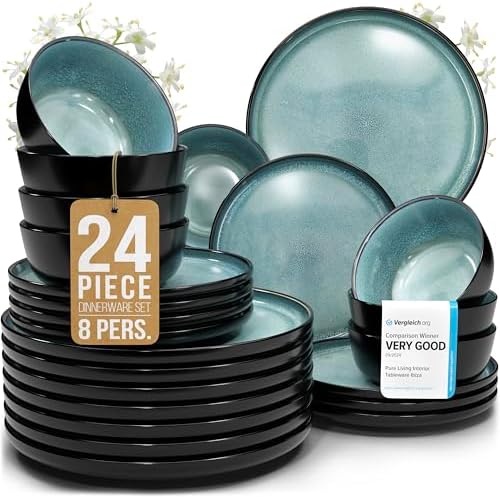 24 Piece Stoneware Dinnerware Set for 8, Handcrafted Plates and Bowls Set by PURELIVING