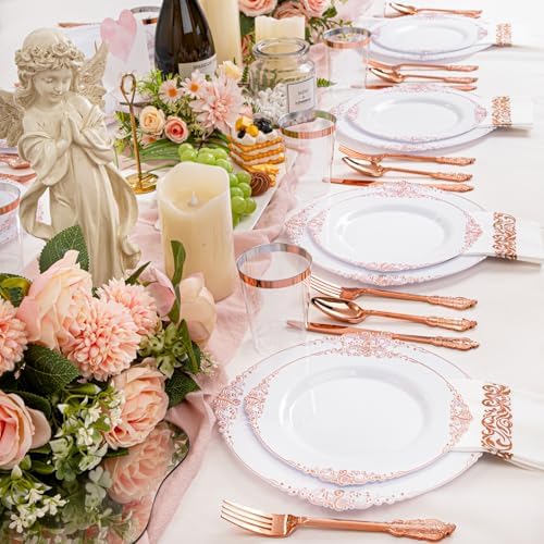 Morejoy 175PCS Rose Gold Plastic Plates & Disposable Dinnerware Sets - Image 4