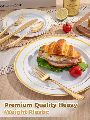 WDF 120 Pieces Gold Disposable Plastic Plates - White and Gold Plates Include Dinner Plate & Salad Plate for Party/Baby Shower/Wedding/Thanksgiving - Image 4