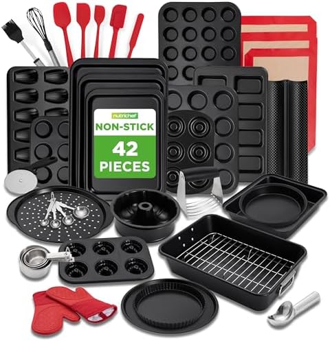 NutriChef 42-Piece Nonstick Bakeware Set | Carbon Steel Baking Pans Set with Oven Mitts, Muffin Trays, Cookie Sheets, Loaf Pan, & Accessories for Cakes, Pizza & Bread. by NutriChef%E2%84%A2Kitchen