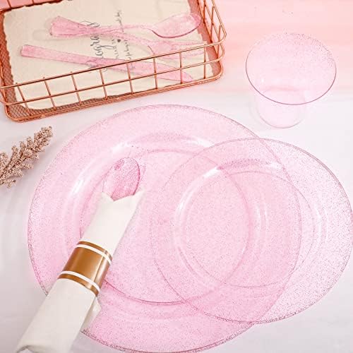 DaYammi 350PCS Rose Gold Glitter Plastic Dinnerware Set for 50 Guests - Image 5