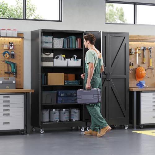 Letaya 75" Metal Garage Storage Cabinet with Wheels,Black Kitchen Pantry - Image 4